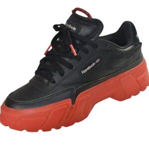 Reebok Club C Cardi Black Contrast Red Platform Leather Lace-Up, Size 6.5